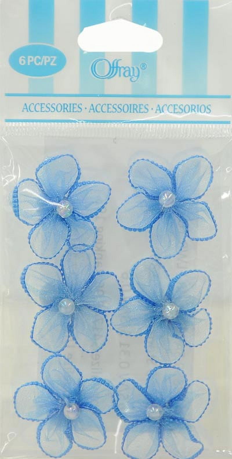 (4 pack) Offray Accessories, Lagoon Blue 3/4 inch 5 Petal Sheer Flower with Pearl Accessory for Wedding, Hair Clips, and Scrapbooking, 6 count, 1 Package