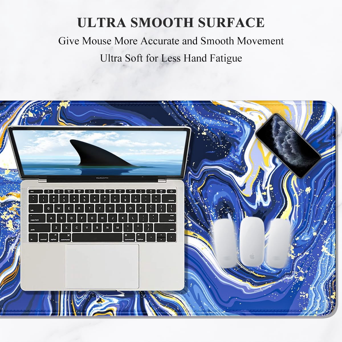 Large Mouse Pad, XXL Gaming Mousepad, Desk Mat for Desktop, Thick Rubber, Big & Long Size, Stitched Edges, Full Desk Pad for Laptop & Computer, Extended 31.5 x 11.8 in, Navy Marble