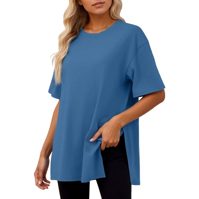 Camiseta deportiva de manga corta para mujer, tallas grandes - Camiseta holgada con aberturas - Poliéster y spandex - Tallas S-XXL
