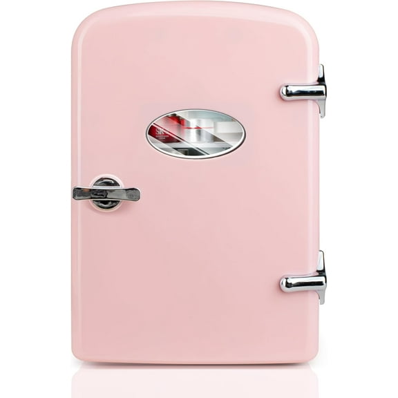 NEI Mini Fridge with Observation 4-Liter Six 12 oz Cans Portable Warmer & Cooler Compact Refrigerator, 100% Eco Friendly and Freon-Free, 4L with window, Pink