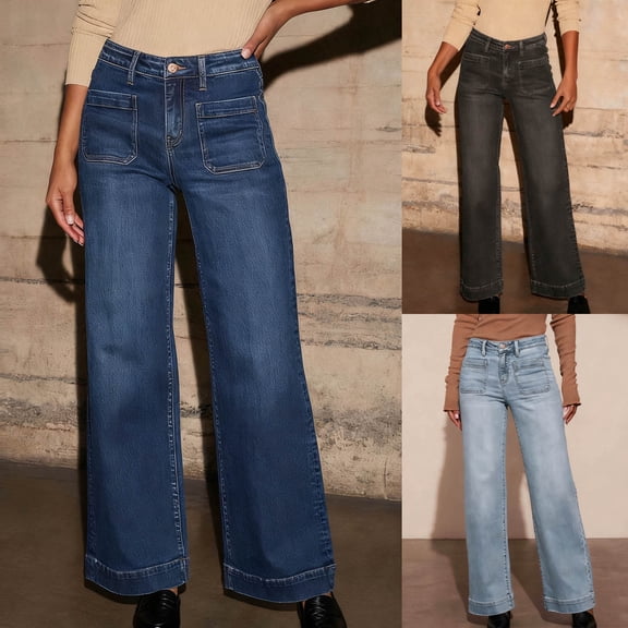 Hfnxid Women's Wide Leg Pant High Waisted Stretchy Straight Leg Jeans Loose Fit Trendy Denim Pant Summer Casual Breathable Work Trousers Dark Blue XL