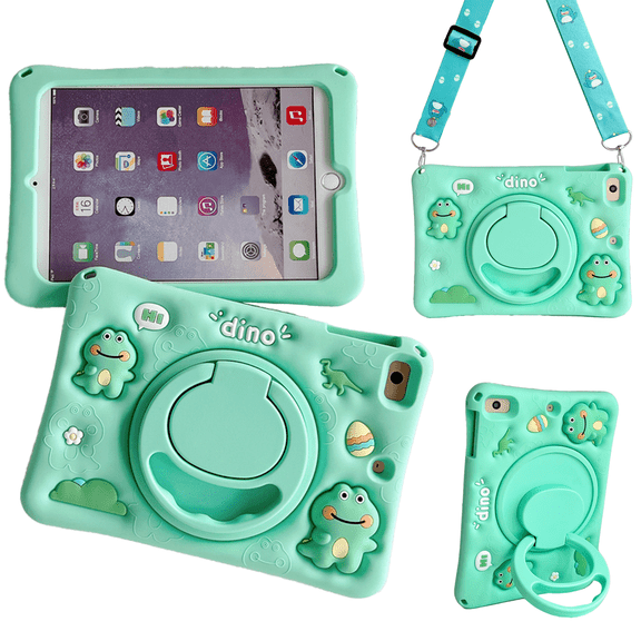 3D Dinosaur Case for Apple iPad 7th/8th/9th Generation 10.2-in Kids Shockproof Silicone Cover with Rotable Stand & Shoulder Strap