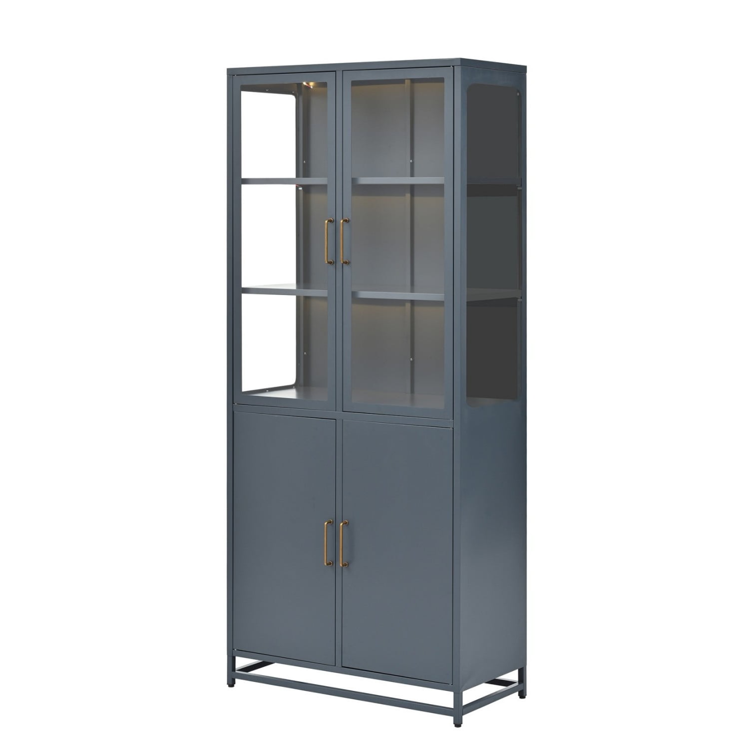 76.75" Tall Glass Display Cabinet with LED Lights, Steel Curio Cabinet with 3-Sided Glass, Double Door Storage Cabinet for Kitchen Living Room Office Pantry Home Decor, Dark Blue