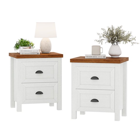 Night Stands for Bedrooms Set of 2, Farmhouse Nightstand with 2 Drawers and Large Storage, Wooden Bedside Table for Small Spaces, Bedroom, White