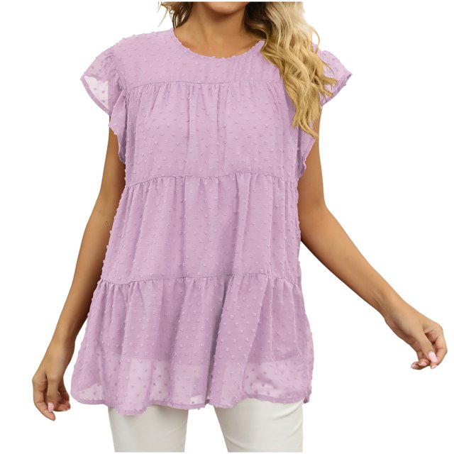 Kovlvoll Womens Summer Tops Crew Neck Ruffle Short Sleeve Solid Color Lightweight Comfy Dressy Casual Blouses Top
