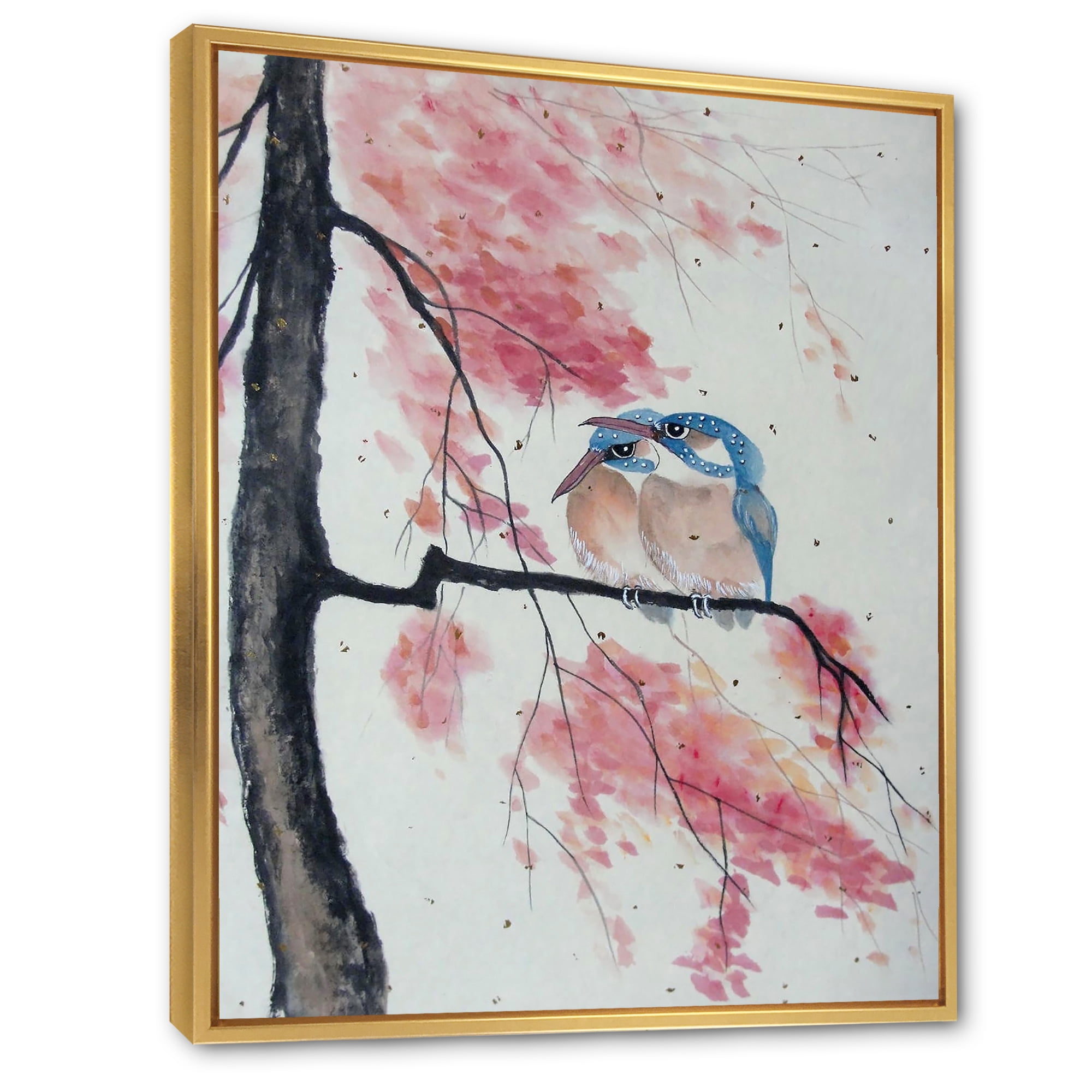 Designart 'Two Blue Kingfisher Birds Sitting On A Flowering Branch' Traditional Framed Canvas Wall Art Print