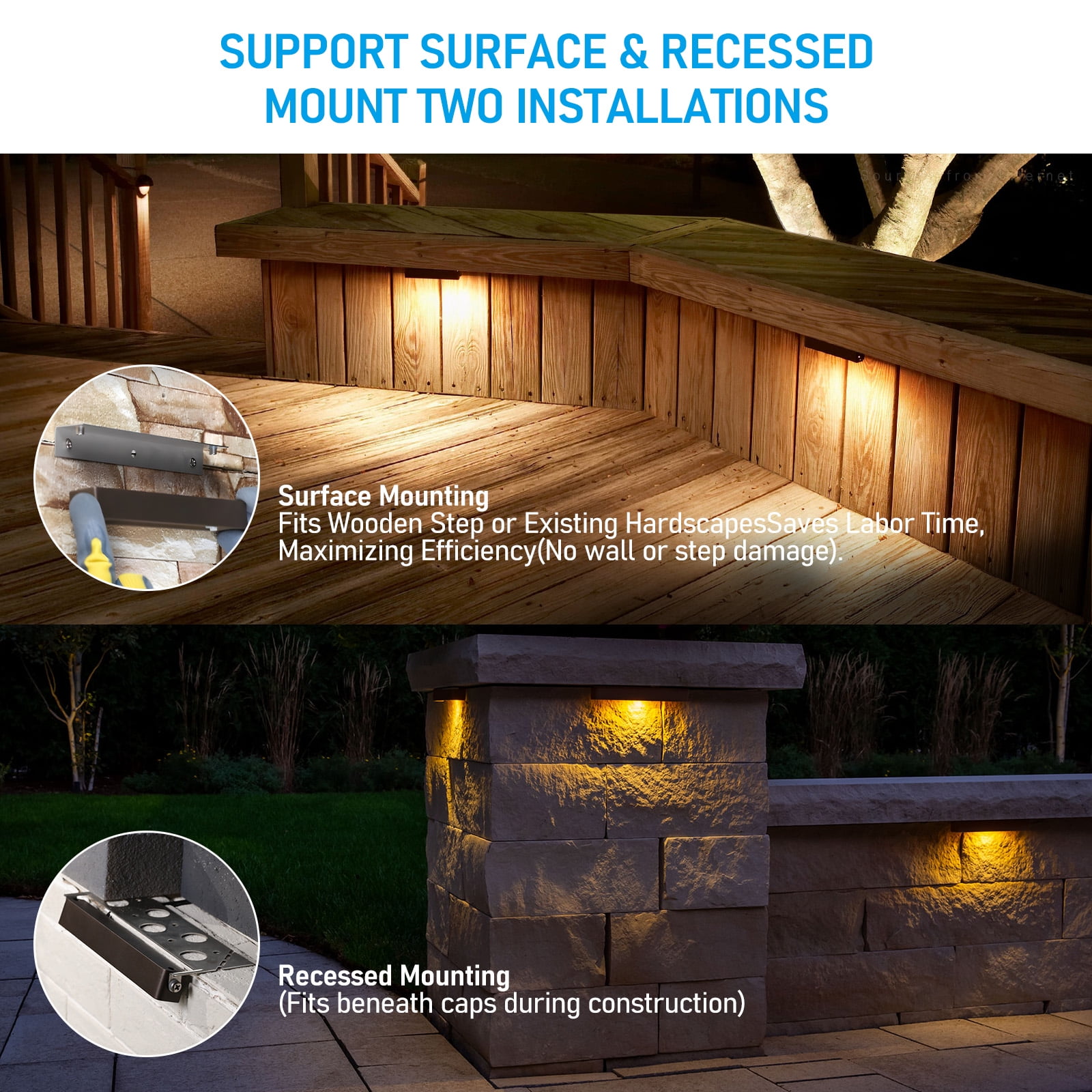 12 Pack LED Low Voltage Hardscape Lighting, 7 Inch Retaining Wall Light, 3W/4W/5W Landscape Step Lights, Surface & Recessed Mounted, 2700K Soft White
