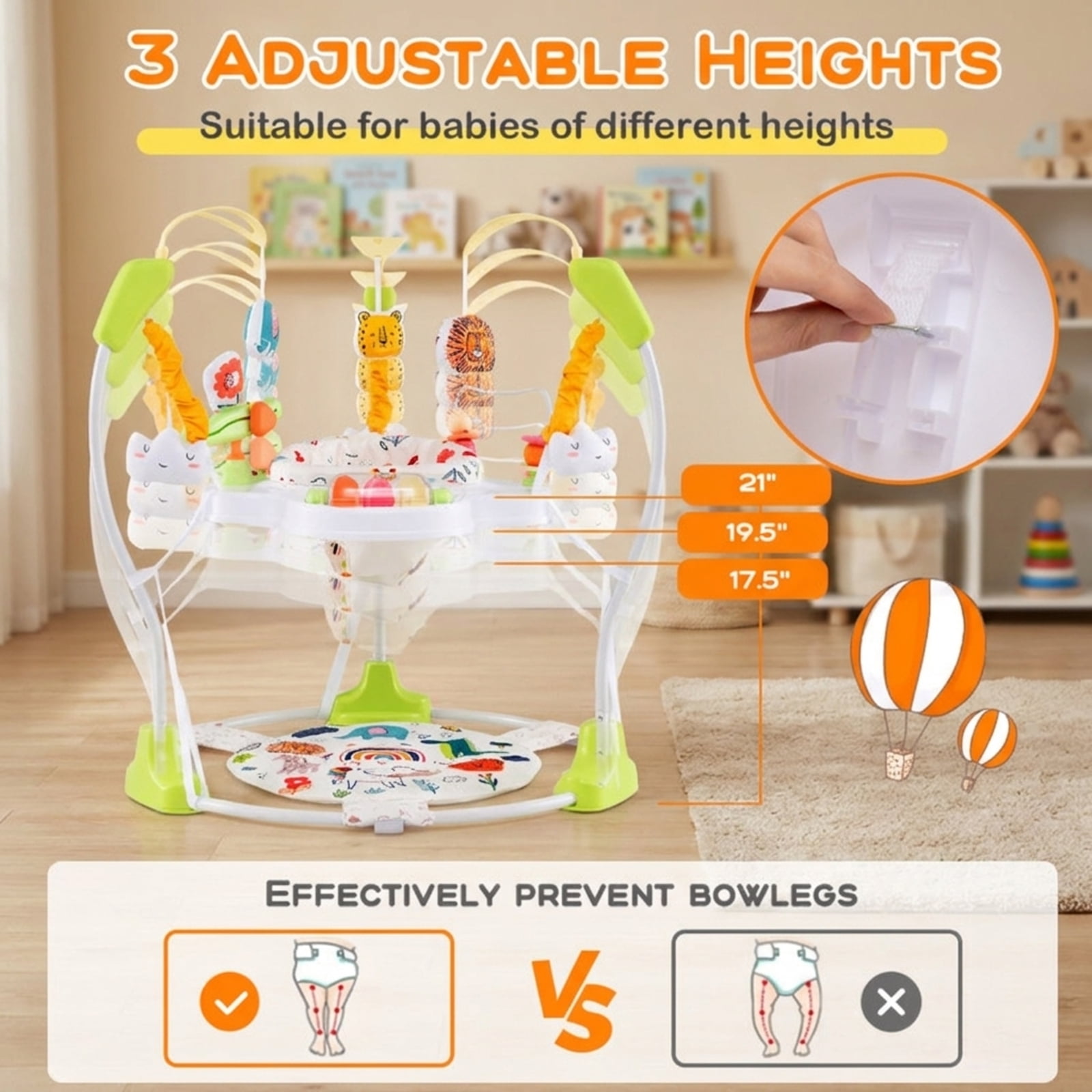 SUGIFT Adjustable Bouncer Activity Center Saucer with 360 Degree Rotating Seat, Ten Interactive Toys, Musical Light Tray and Padded Seat for Nursery Play, Yellow