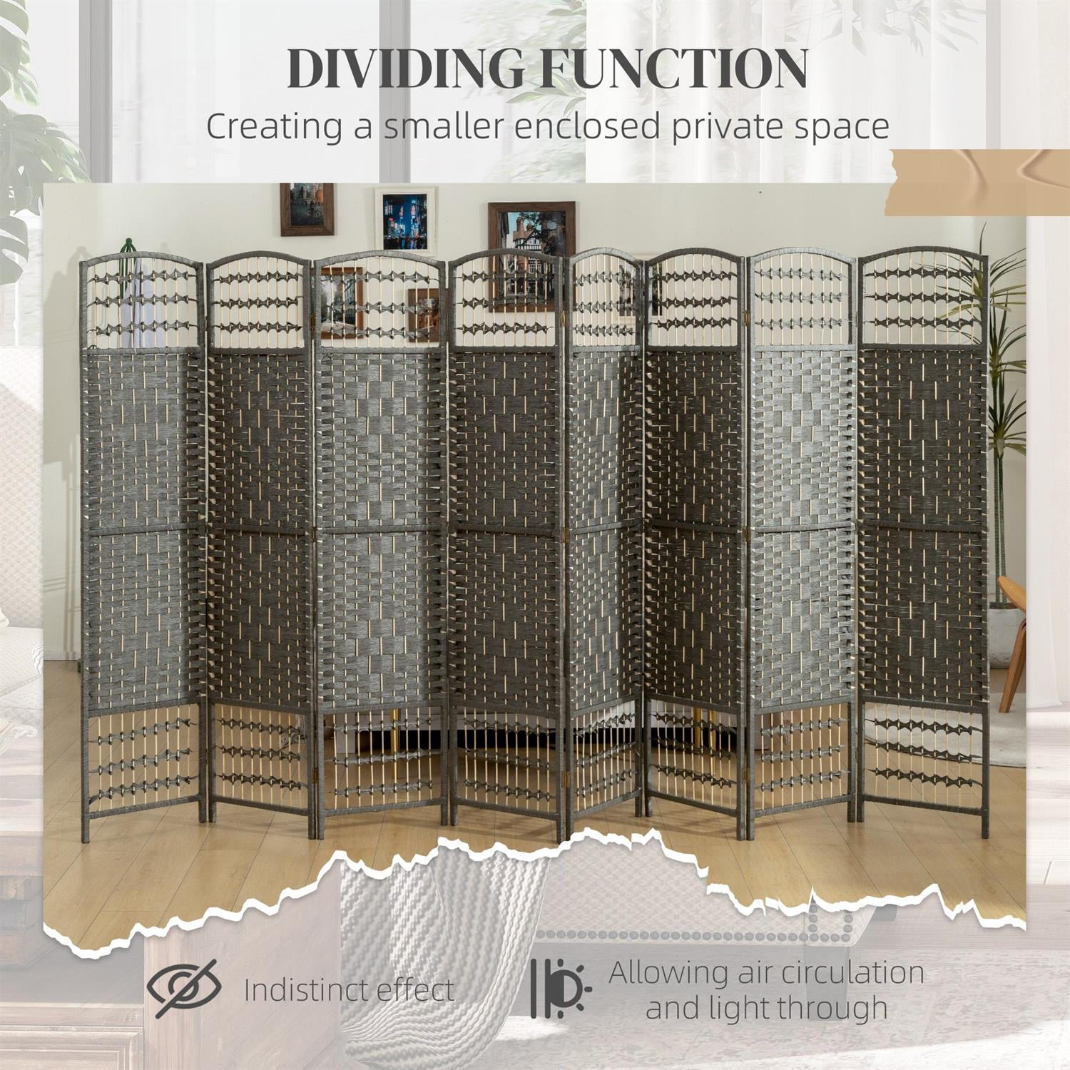 Demi Bonn 8-Panel Foldable Room Divider Screen Privacy Panel Wave Fiber Design, 67" Portable Partition for Home Office Space, Gray