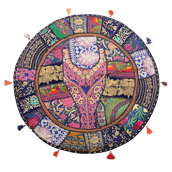 Stylo Culture Ethnic Floor Pillow Cushion Vintage Patchwork Cover Dark Blue 32x32 Large Decorative Bohemian Round Hassock Pouffe Cover Footstool Cotton Embroidered 1 Pc