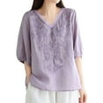 thumbnail image 2 of Women's Long Sleeve T-shirt Women'S Embroidered Top Cotton Linen Puff Short Sleeve Crewneck Boho Blouse Casual Button Down T Shirts,Purple Women's Long sleeve T-shirt M, 2 of 4