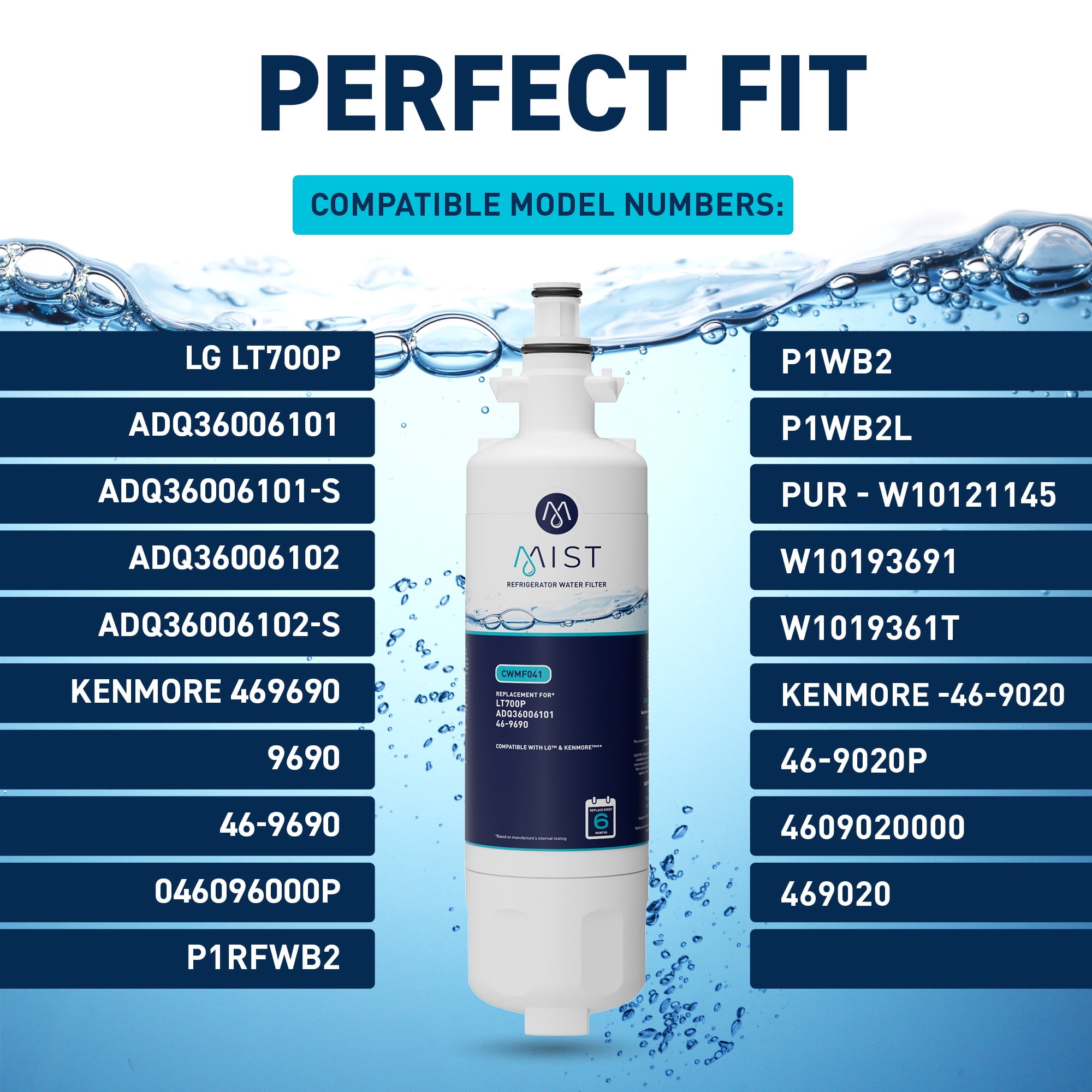Mist Refrigerator Water Filter Replacement Cartridge for LG ADQ36006101, LT700P, Compatible with ADQ36006102, Kenmore Elite 9690, 46-9690, 469690, RFC 1200A, FML-3, LFX31925ST, 3-Pack