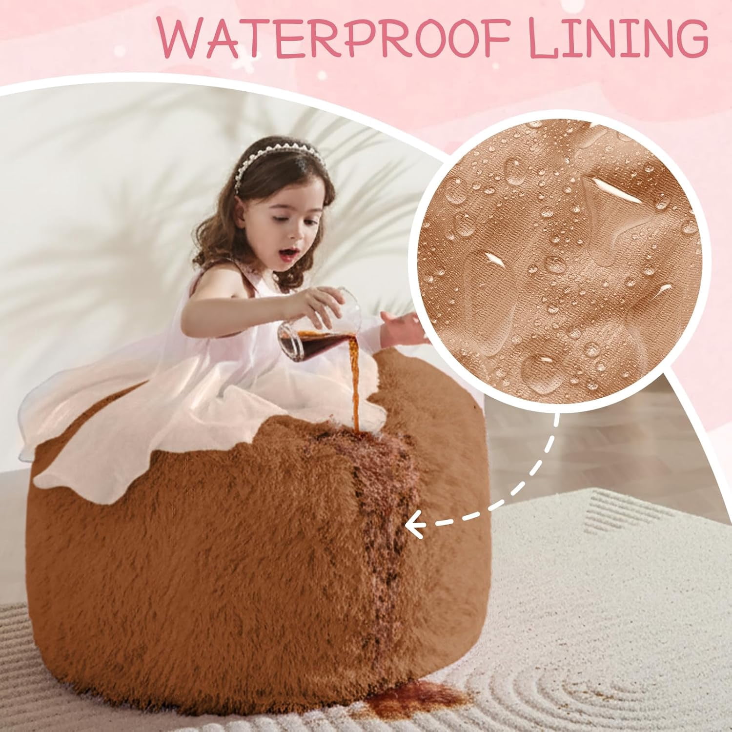 General Bean Bag Cover (No Filler), Stuffed Animal Storage Bean Bag Covers for Kids, Soft Faux Fur Washable Cover with Pocket Handle, Comfy Fluffy Beanbag for Organizing Plush Toys, 27"x21" Brown