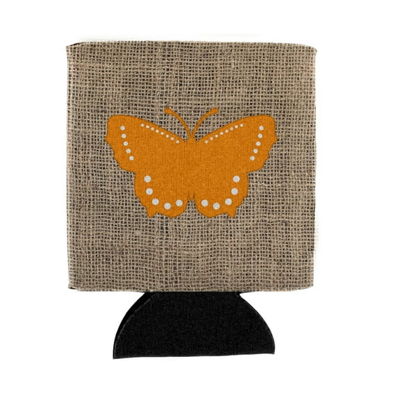 Butterfly Burlap and Orange Can or Bottle Beverage Insulator Hugger BB1033