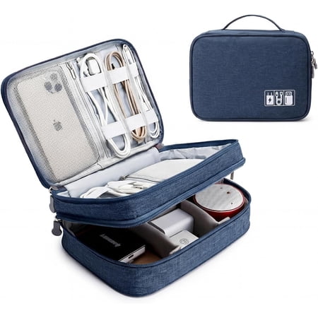 Travel Cable Organizer Bag Electronic Accessories Case Portable Double Layer Storage Bag for Cord phone Charger Flash Drive Phone SD Card Personal Items - (Dark Blue)