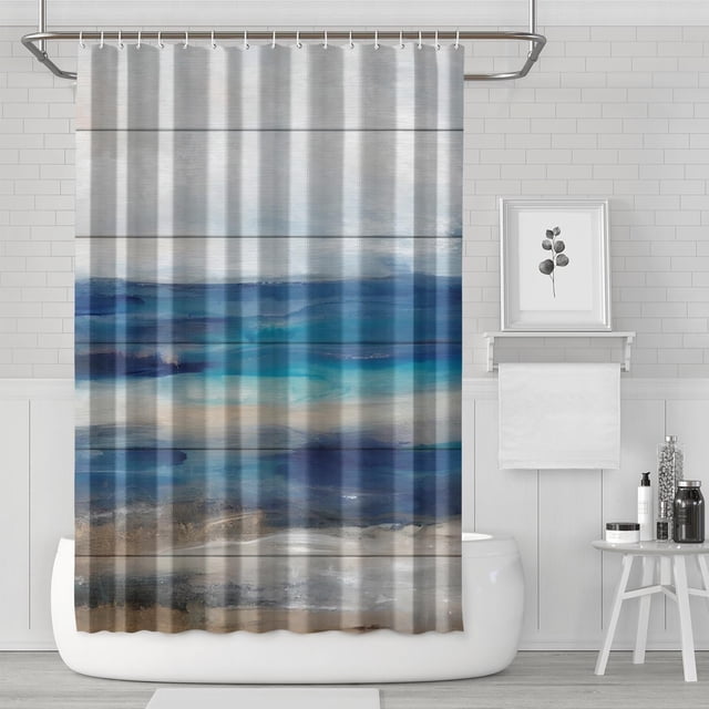 Ensemble de Rideau de Douche avec Doublure à Boutons-Pression, Rideaux de Douche Texturés en Bois Tissé Bleu, Doublure de Douche Imperméable, Rideaux de Salle de Bain Minimalistes en Polyester, 72x72 Pouces