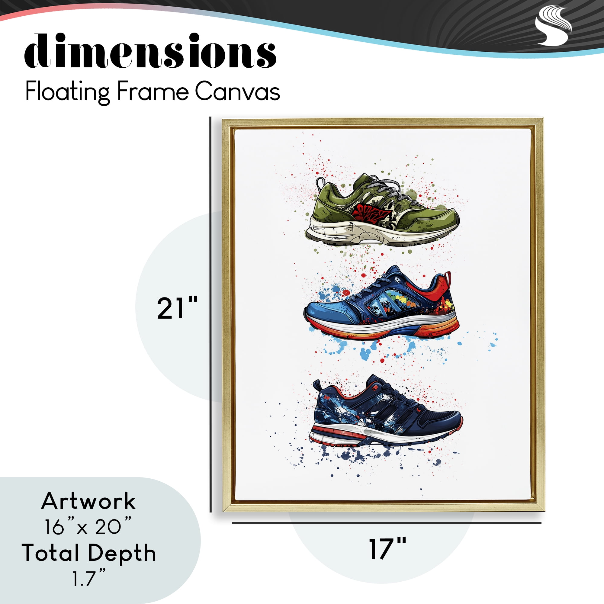 Modern Spray Sneakers Gold Framed Floater Canvas Wall Art, design by Christine Simpson Art