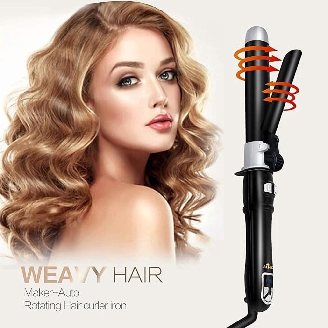 1'' Pro Auto Spin Hair Curler Ceramic Instant Heat Curling Wand, Wavy Rotating Iron with Adjustable Temps 210 degreeF - 450 degreeF, Anti-Scald & Dual Voltage, for All Types, Black, WT-108