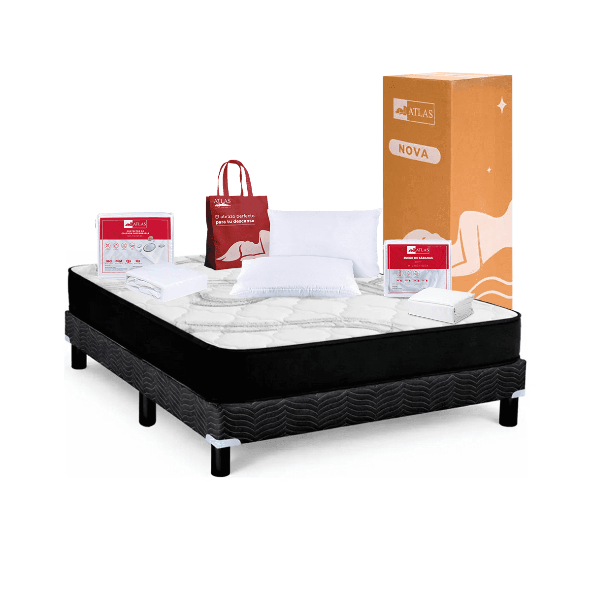 Colchón en Caja Nova Prime Matrimonial Atlas Con Box, Almohadas, Protector y Sábanas