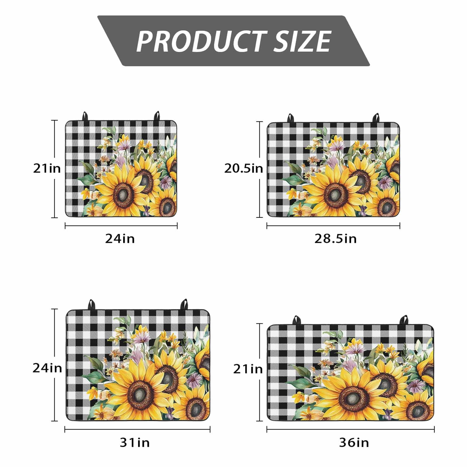 Sunflower Plaid Stove Top Cover for Electric Stove, Heat-proof & Non Slip Glass Top Stove Cover Protector, Black White Checkered Yellow Floral Kitchen Flat Cooktop Rubber Mat 24x21 Inches