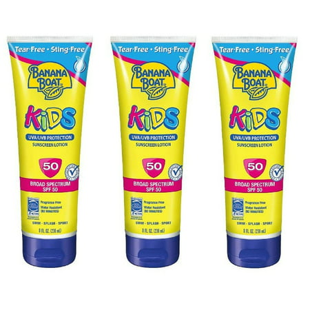 Banana Boat Kids UVA/UVB Protection Sunscreen Lotion, Broad Spectrum, SPF 50, 8 Oz (Pack of 3) + Yes to Tomatoes Moisturizing Single Use Mask