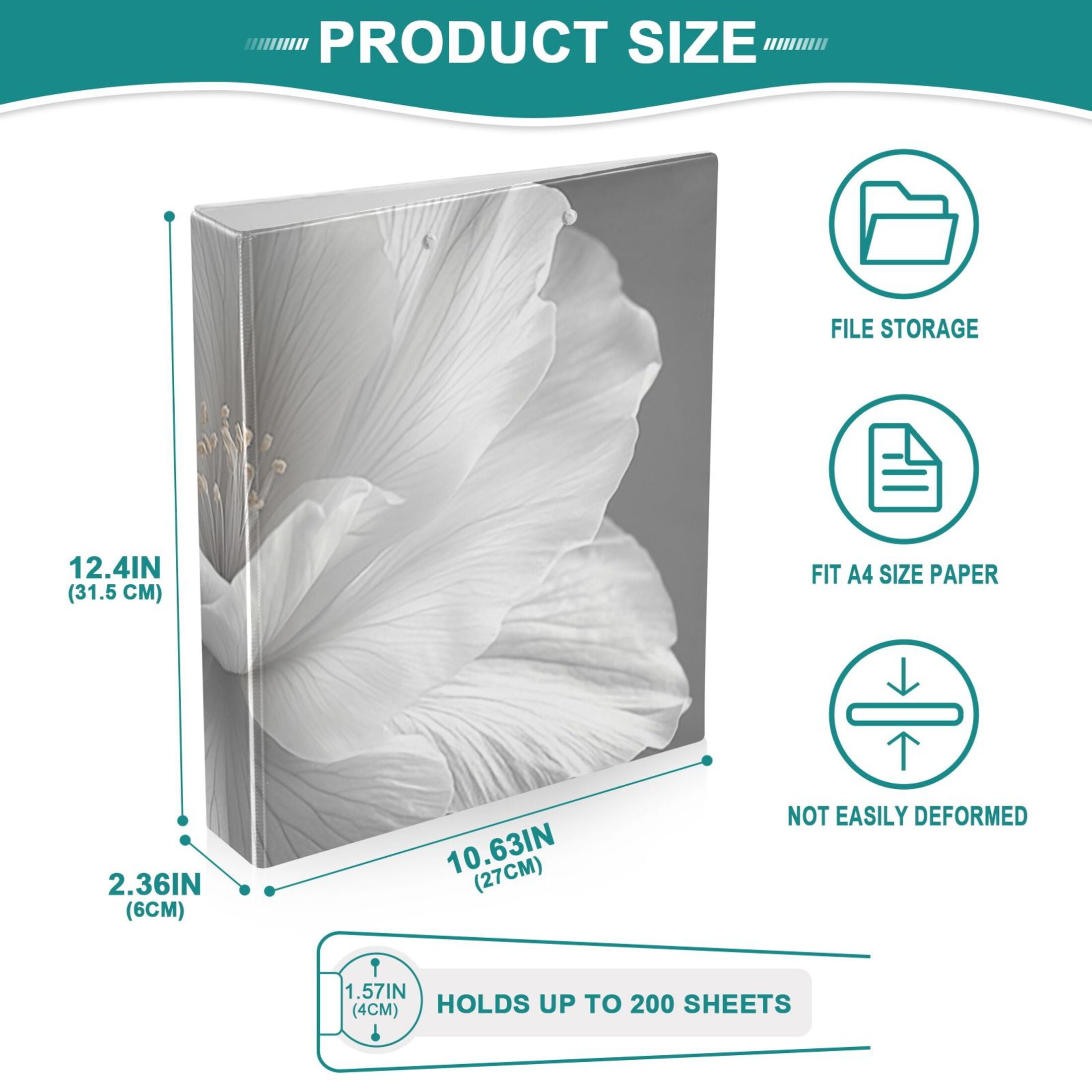 Gray Flower 3 Ring Binders 1.5 inch Hardcover File Folders with Interior Pockets A4 Size Organizer for School Office Hospital