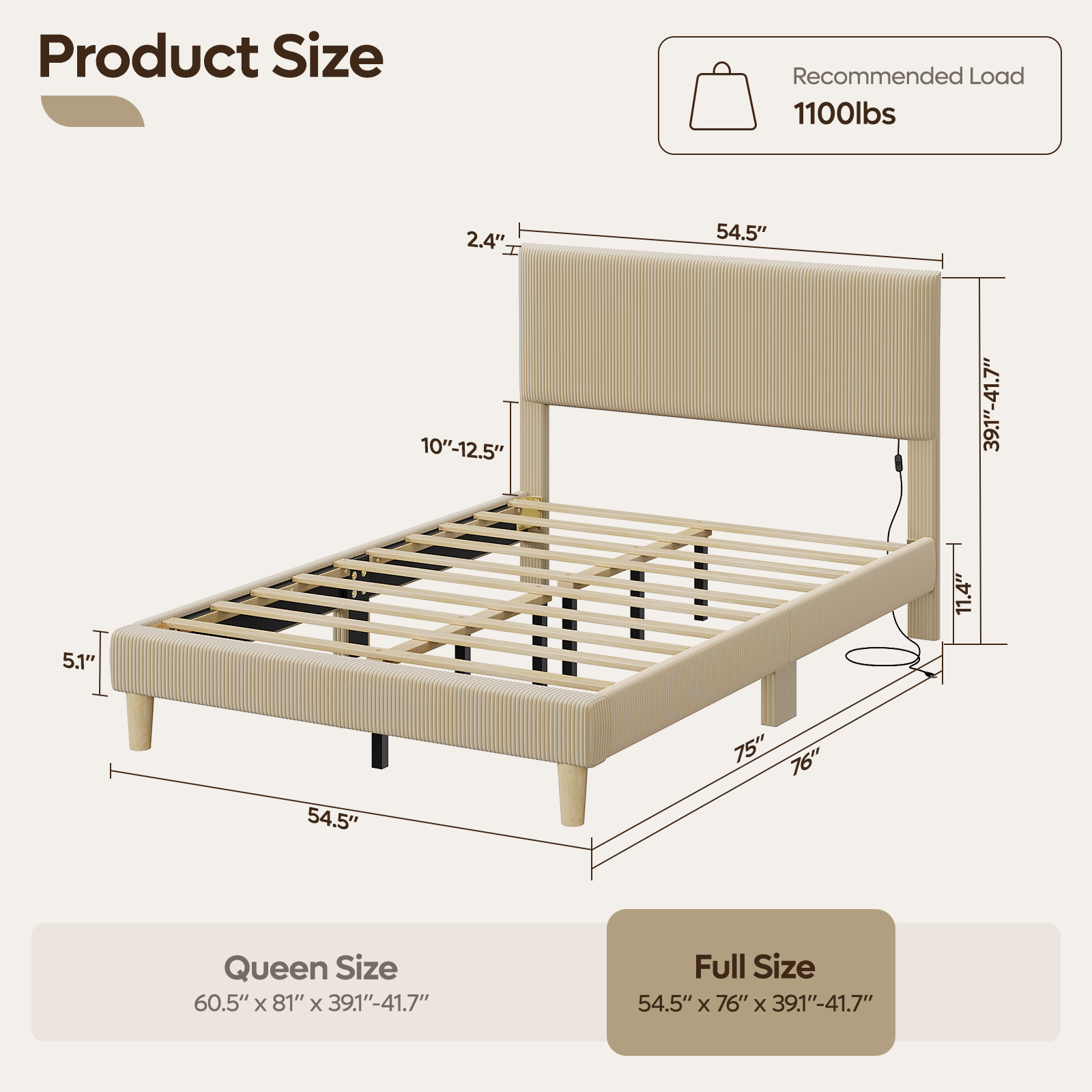 Bestier Full Corduroy Platform Bed with LED Headboard, Beige photo 2