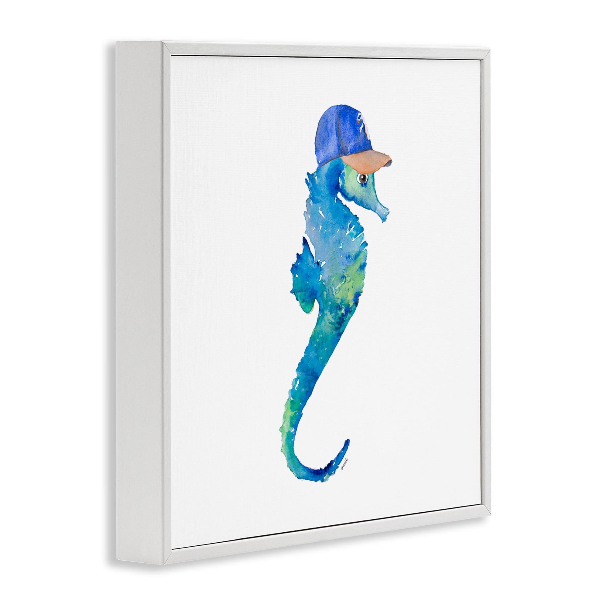 Stupell Industries Blue Seahorse in Hat Novelty Painting White Framed Art Print Wall Art, 17 x 17