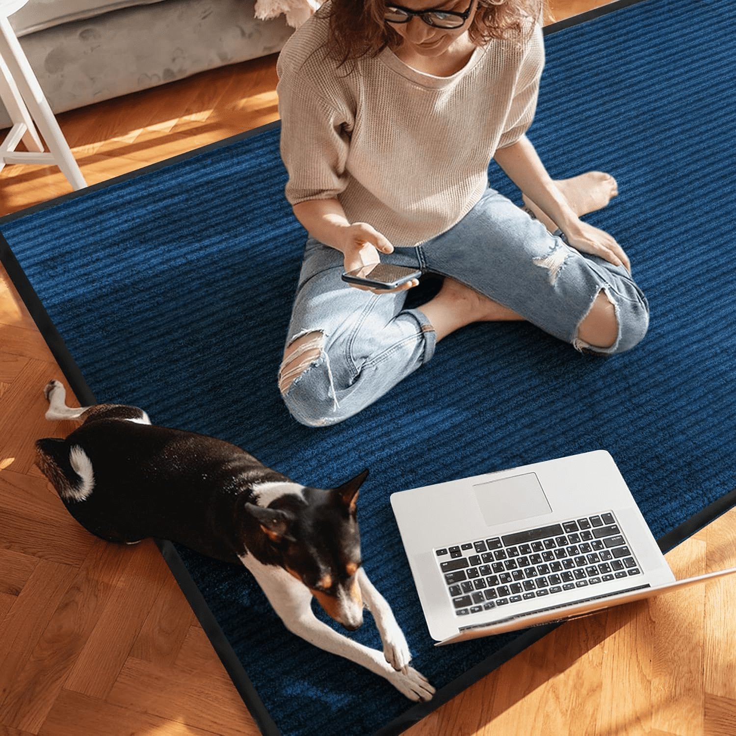 WANLISELL 3 x 10 ft Commercial Rug, Non-Slip Runner Rug Entrance Mat, Indoor Outdoor Front Door Mat for High Traffic Areas, Blue