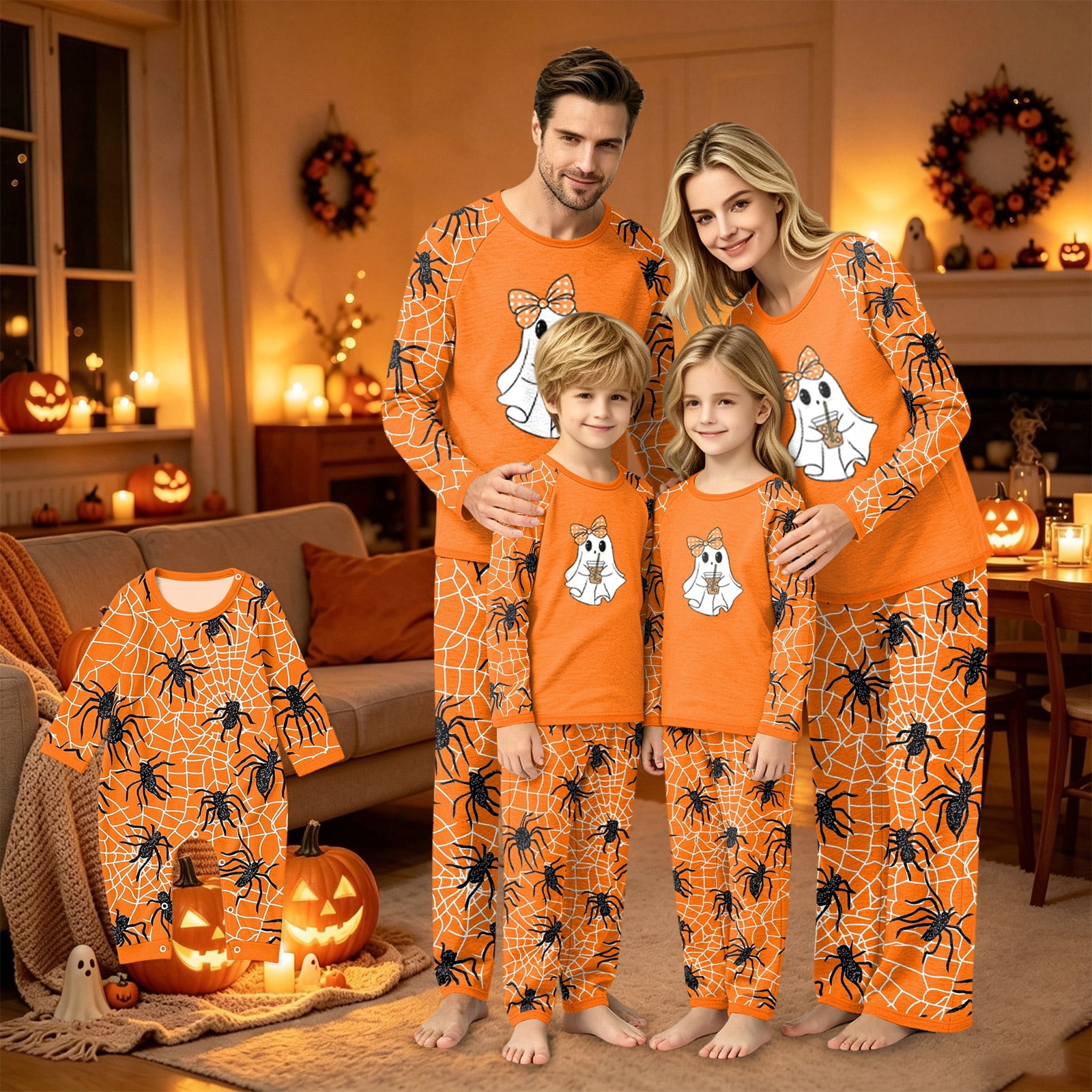 Halloween Loungewear Halloween Family Matching Pajamas Set Spider Bow Ghost Boba Long Sleeve Sleepwear Spooky Graphic Loungewear Soft Cozy Fun Holiday Nightwear for Parties & Gatherings 6 M
