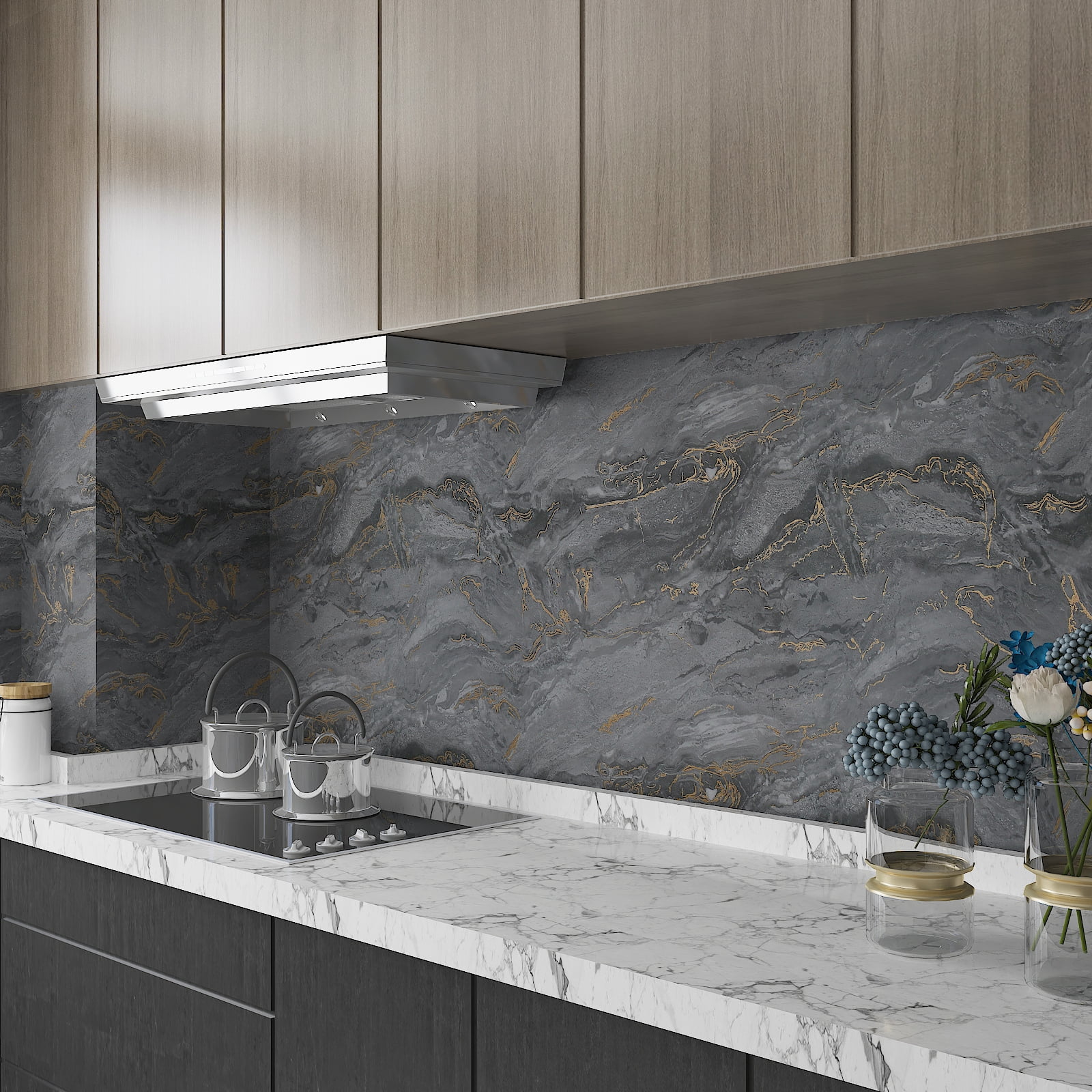 CHIHUT 17.7"x236" Marble Counter Top Peel and Stick Waterproof Dark Grey Matte Marble Contact Paper for Countertops Desk Self Adhesive Marble Wallpaper Vinyl Marble Sticker Countertop for Kitchen