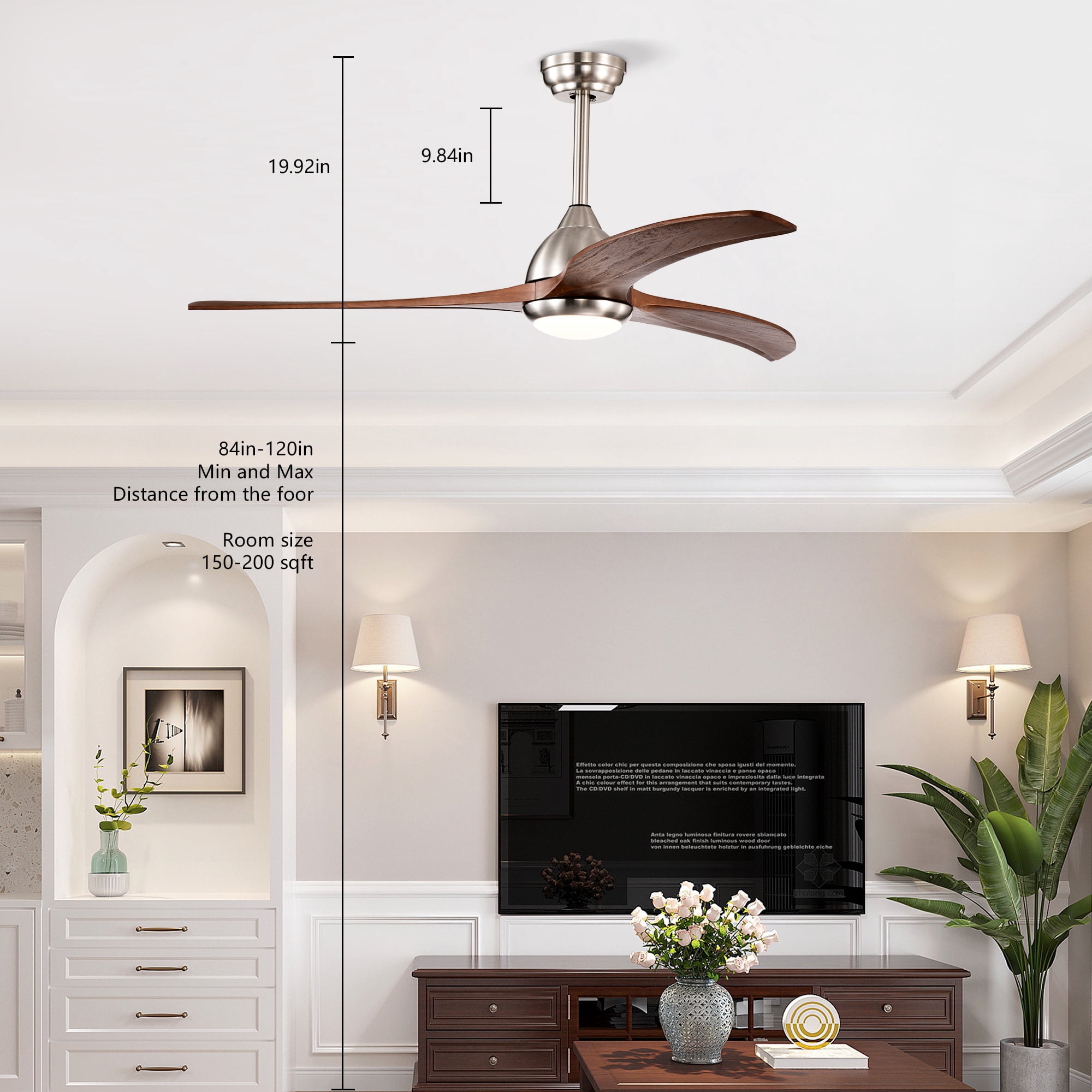 Leumius 52" Solid Wood Blades Ceiling Fan with Light and Remote Control, Noiseless Reversible Motor, 6 Speed for Patio Living Room Bedroom Office Nickel