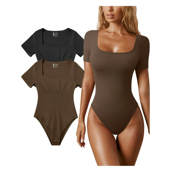 OQQ Women's 2 Piece Bodysuits Sexy Ribbed One Piece Square Neck Short Sleeve Bodysuits