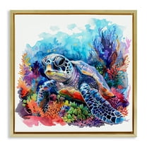 Stupell Industries Undersea Turtle & Coral Animals Painting Gold Floater Framed Canvas Art Print Wall Art, 18 x 18