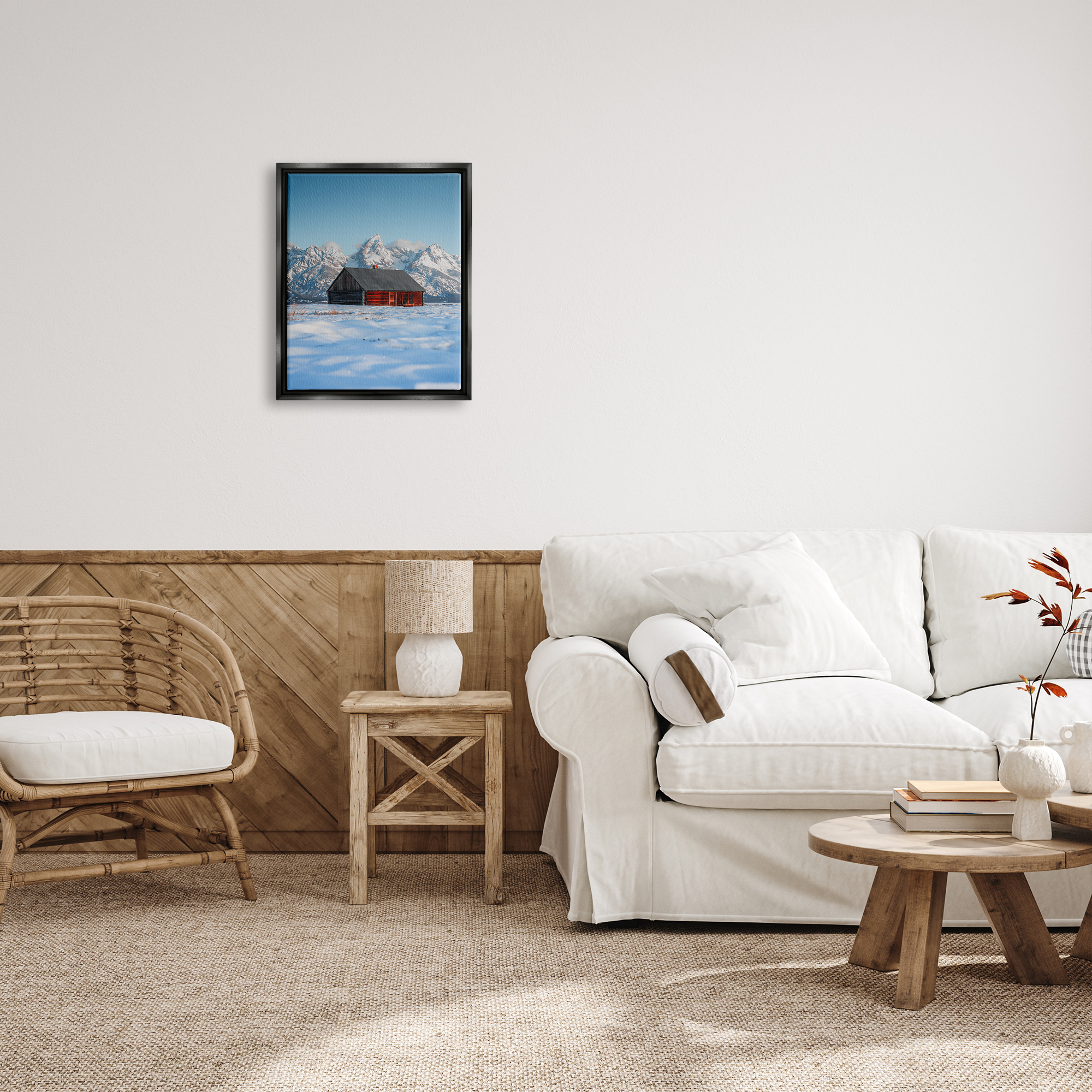 Stupell Industries Cabin in Snowy Mountains Landscape Photography Black Floater Framed Canvas Art Print Wall Art, 17 x 21
