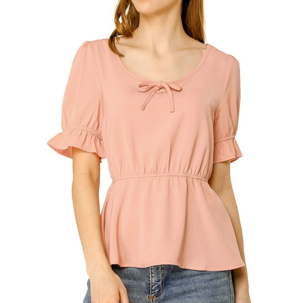 Blusa Peplum Allegra K Cintura Elástica Corbata Cuello Redondo Manga Corta Rosa Coral XS