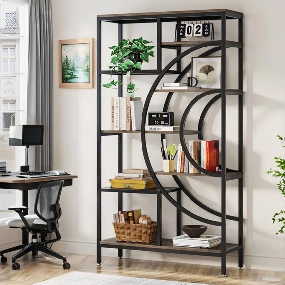 71" Industrial 8-Tier Bookshelf, Geometric Etagere Bookcase with Open Shelves - 2 Half-Moon Silhouettes, Sturdy Metal & Wood Storage for Living Room, Home Office
