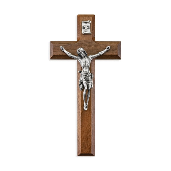 Hirten 7" Walnut Cross With Genuine Pewter Corpus | Wall Crucifix | Walnut Wood | Size 7" | Pewter Corpus