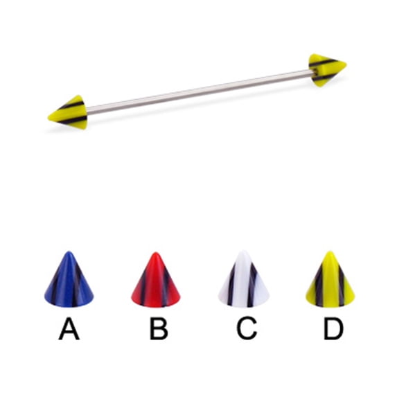 Long Barbell (Industrial Barbell) With Double Striped Cones, 16 Ga,1 1/4" (32Mm) Long,Red - B