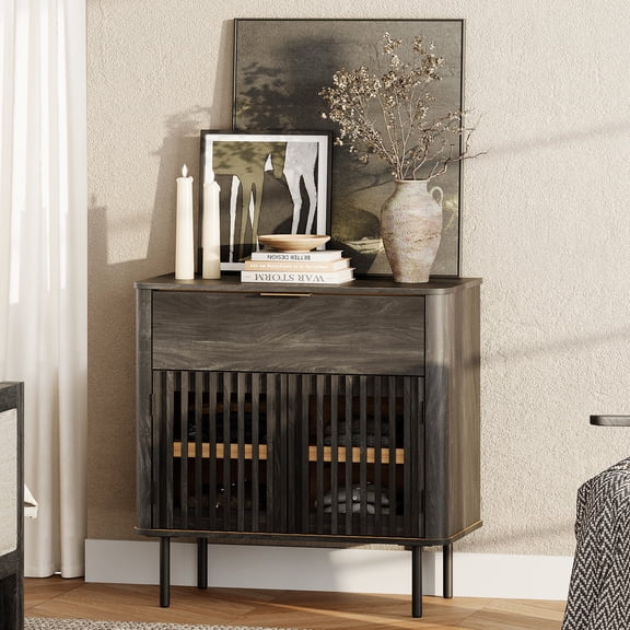 31.5" Sideboard Buffet Cabinet with Storage - Fluted Kitchen Credenza Cabinet with Pop-up Doors and Drawer, Black