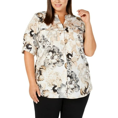 Calvin Klein | Printed Tab-Sleeve Blouse | Multi | Size 2X Plus