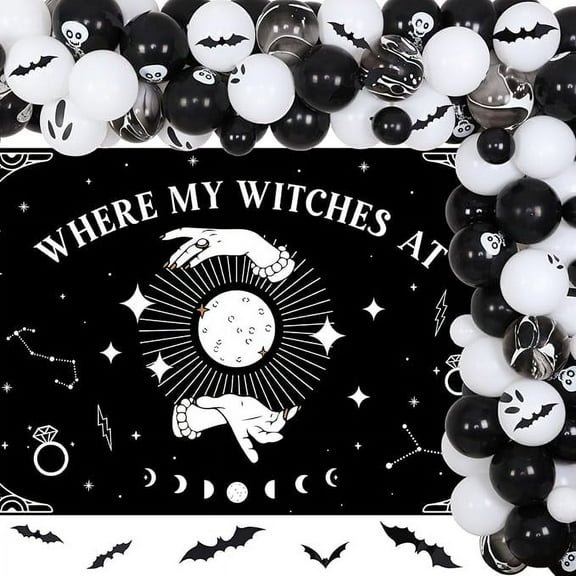 Halloween Where My Witches at Bachelorette Party Decorations Witches Backdrop Balck Balloon Garland Arch Kit 3D Bat Wall Stickers for Halloween Bachelorette Bridal Shower Party Decor Favors