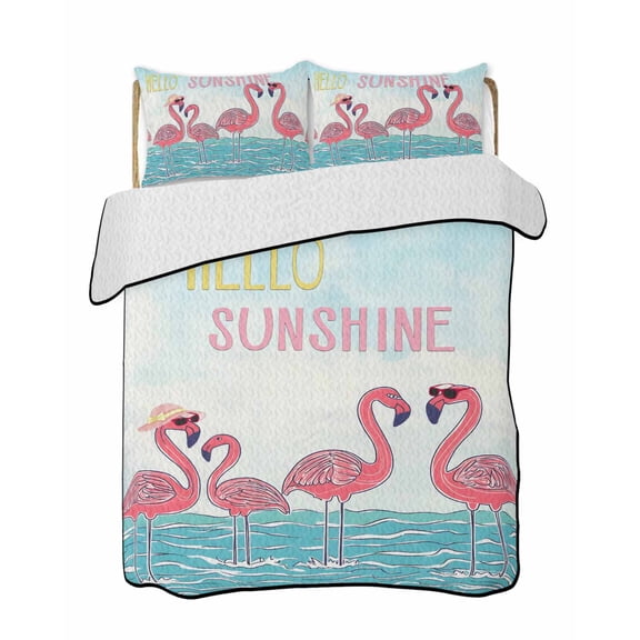 Hello Sunshine Quilts Bedding Set Full Size Blue Sea Sky Pink Flamingos Lightweight Quilted Bedspread 3 Piece Bed Quilt with 2 Pillow Shams All Season for Bedroom 68" x 98"