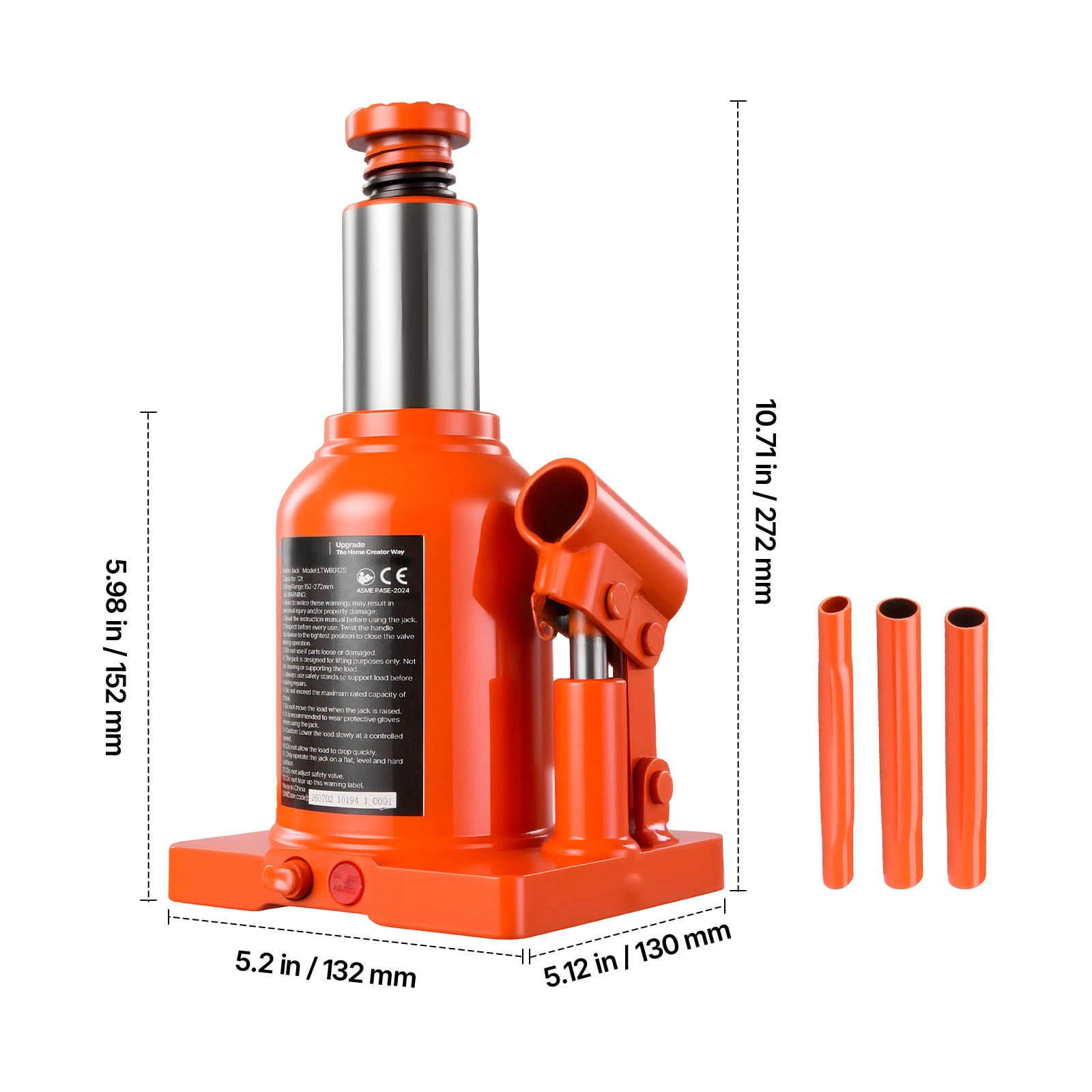 KFFKFF Hydraulic Bottle Jack 12 Ton (26455.5 lbs) with 5.98"-10.71" Lifting Range, Suitable for Heavy-Duty Vehicles, Medium Trucks, Durable Welded Design with 3-Section Long Handle, Orange