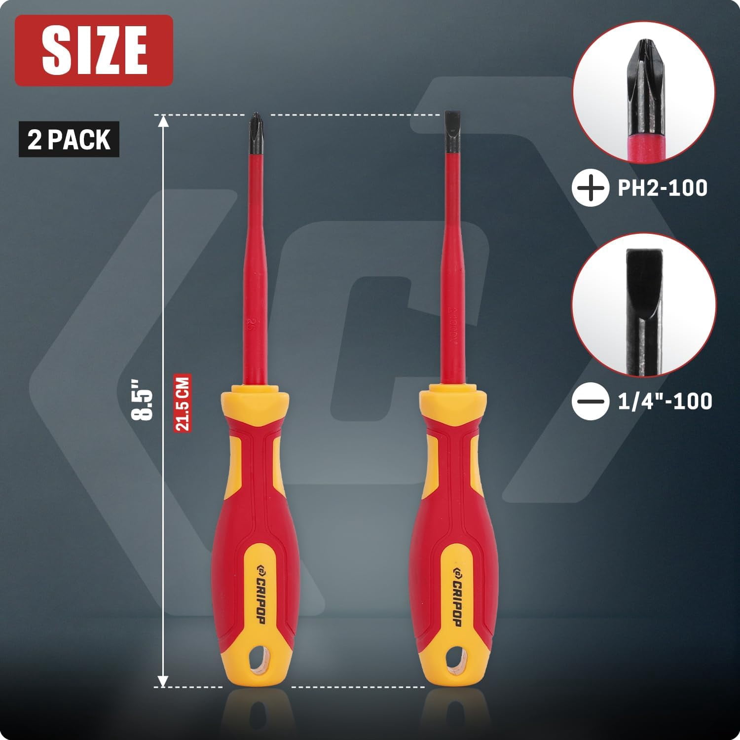 MKEUDQ-2 PCS Insulated Screwdrivers Set, 1000V Insulated Electrician Slotted and Phillips Slim Screwdriver Set with Magnetic Tips, VDE Certified