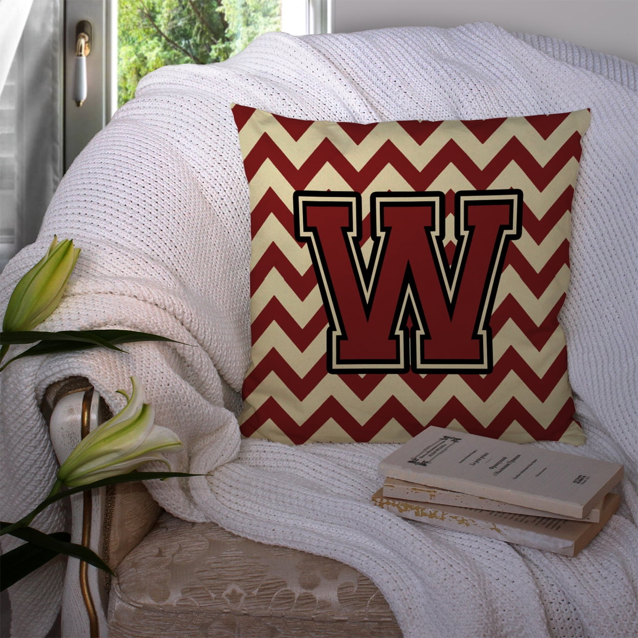Carolines Treasures CJ1061-WPW1414 Letter W Chevron Maroon & Gold Fabric Decorative Pillow
