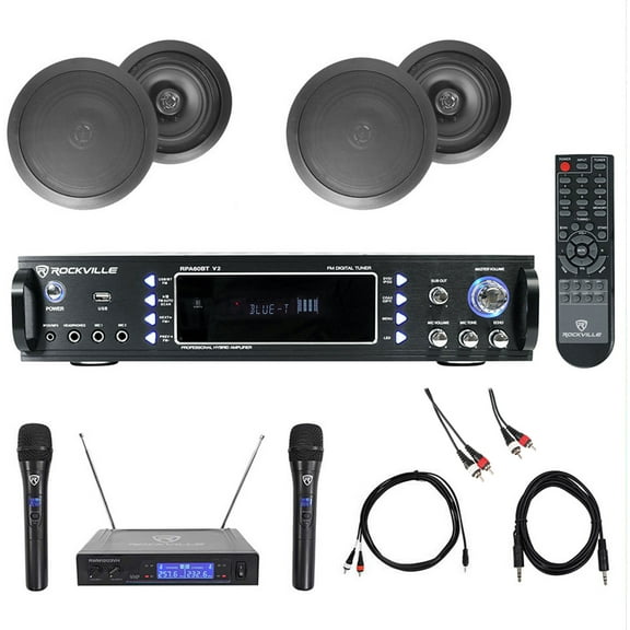Karaoke Bluetooth Amp/Mixer   (4) 8" Black Ceiling Speakers   Wireless Mics