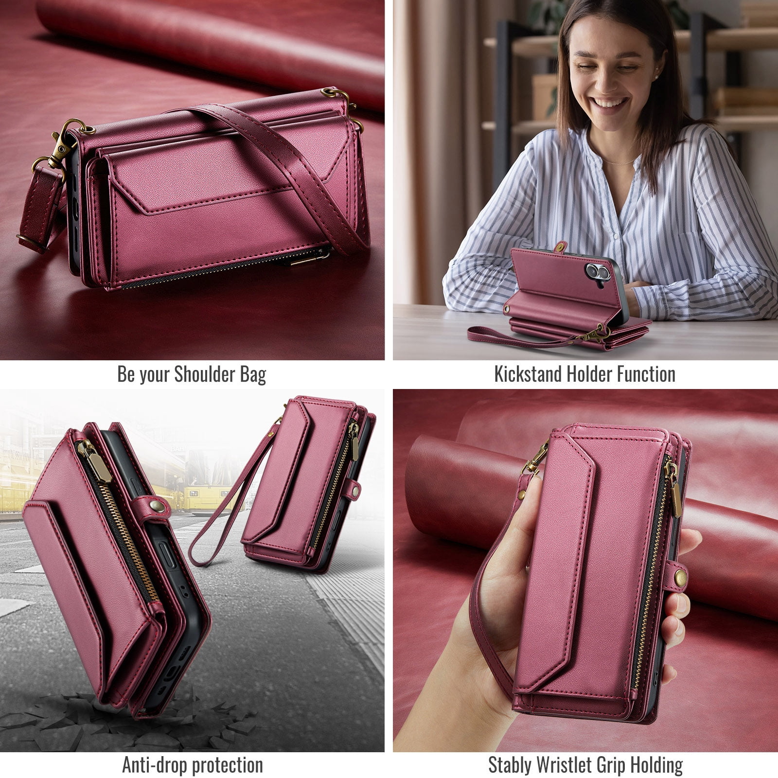 Asuwish Compatible with iPhone 16 6.1 inch Zipper Wallet Phone Case Tempered Glass Screen Protector Crossbody Lanyard Strap Flip Card Holder Slot Cell Cover for i Phone16 i16 16Case Women Wine Red