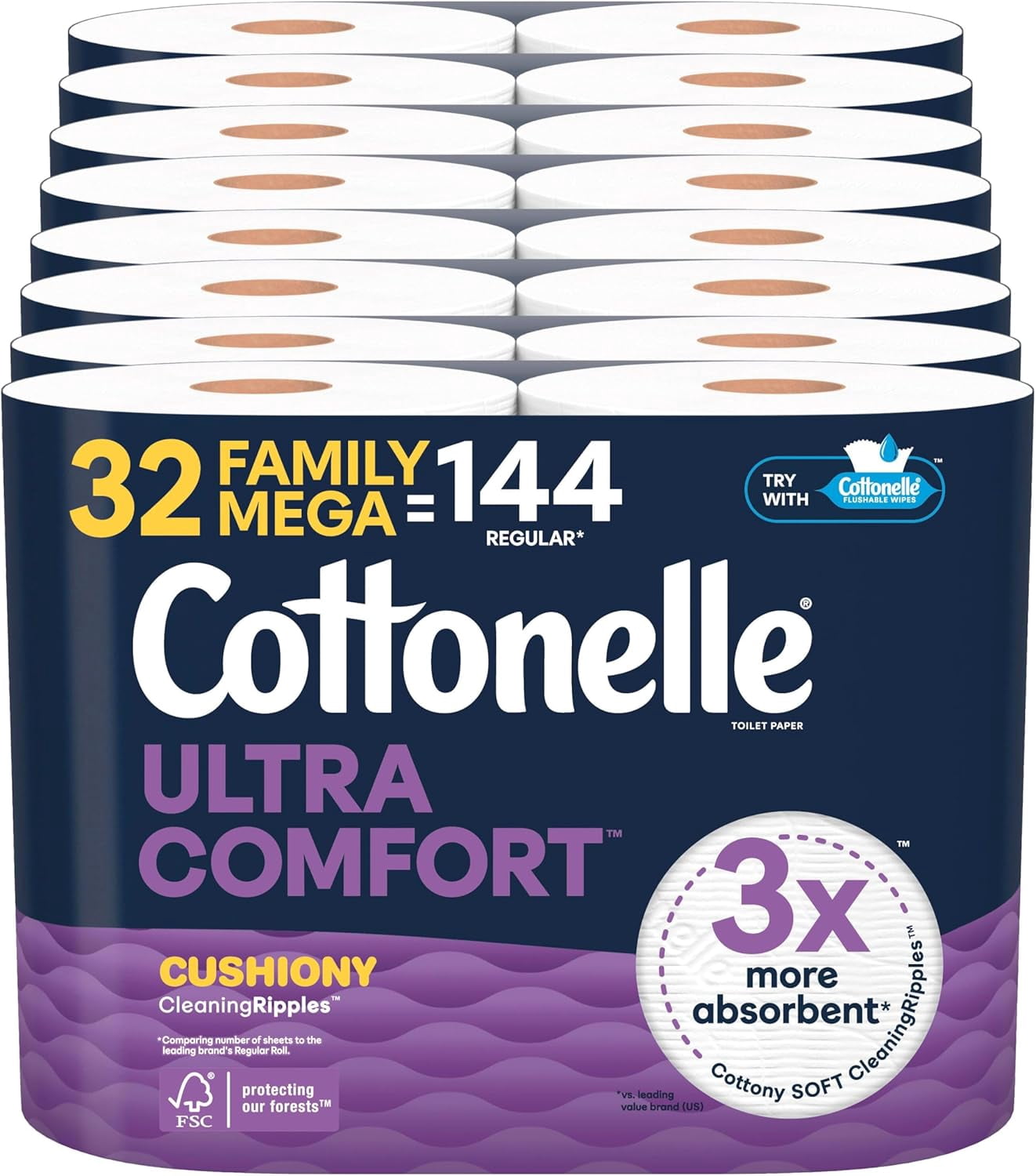Ultra Comfort Toilet Paper with Cushiony CleaningRipples Texture, 32 Family Mega Rolls = 144 Regular Rolls (8 Packs of 4)