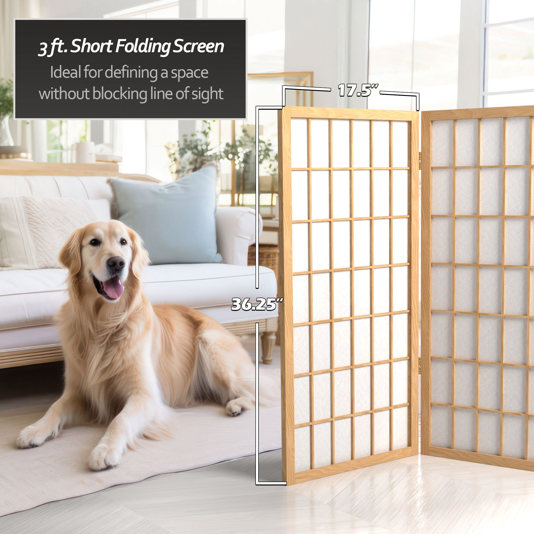 3 ft. Tall Classic Japanese Window Pane Lattice Privacy Screen - Natural - 4 Panels